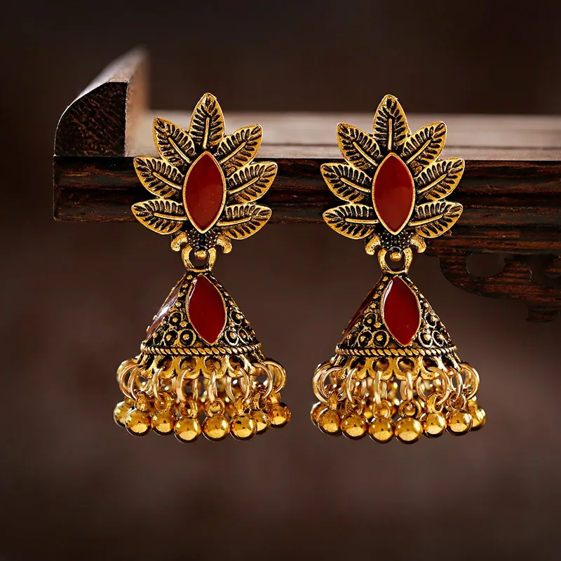 Этнические золотые серьги с кисточками и листьями индийские Jhumka для женщин
