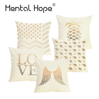 

Gold Decorative Cushion Cover Home Decor Cartoon Throw Pillow Cover Letter Square Linen Cotton Pillowcase Sofa Bed Cushion