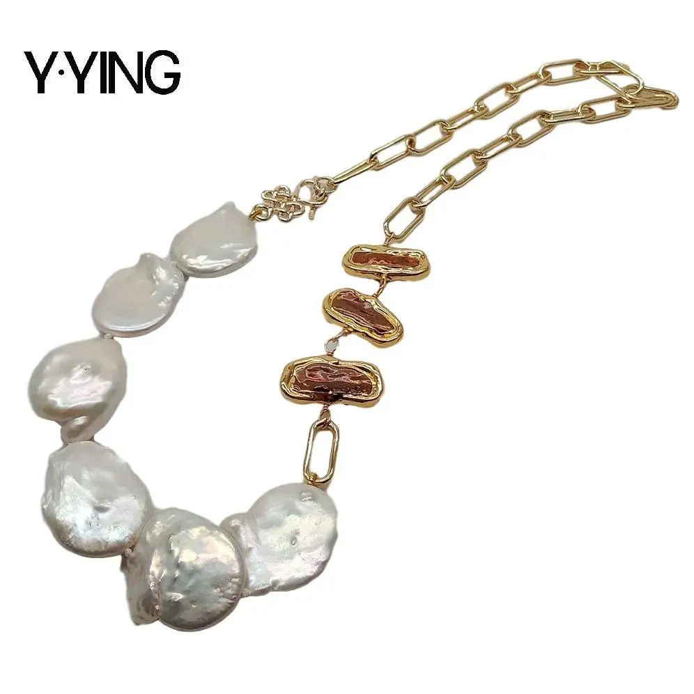 

Y·YING natural Cultured White Coin Pearl Brown Biwa freshwater Pearl gold color plated Chain choker Necklace 23" for women