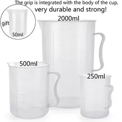 4 embala copos claros do polipropileno com bico durável do punho, 4 tamanhos 2000ml/500ml/300ml/50ml para líquidos da cozinha do laboratório