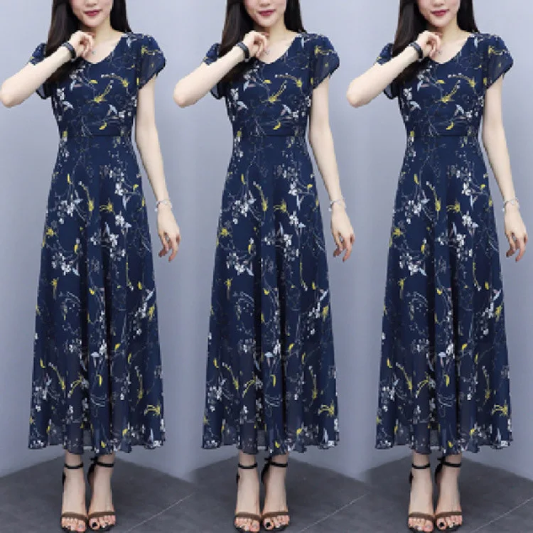 

Hot Selling Summer New Style Trend Floral-Print Long Skirts Large Size Dress Cover Meat Slimming Fat Floral Printed Dress by Age