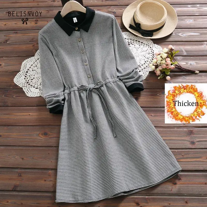 Женское Теплое повседневное платье-рубашка в винтажном стиле клетку Mori Girl Vestidos
