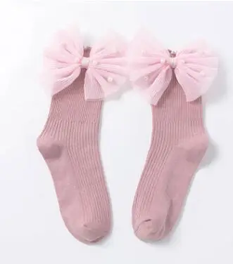 Короткие носки для малышей кружевные хлопковые носки принцессы с бантом для девочек, модная детская одежда кружевные носки принцессы с большим бантом украшение из органзы и жемчуга - Цвет: Pink side bow