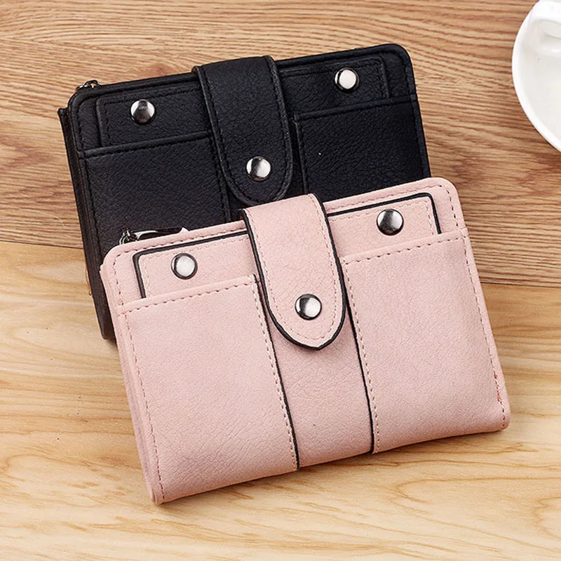 

2019 New Short Vintage Scrub Ladies Wallet for College Students Teen Girls Trifold Small Wallet rivet buckle Wallet Girl Wallet