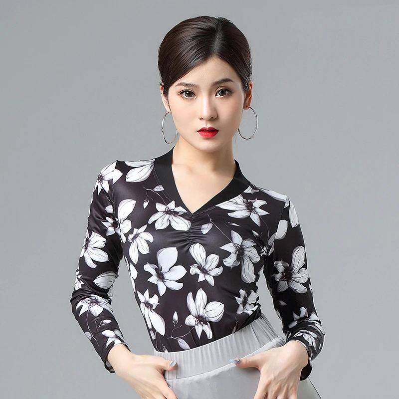 Black Flower Tops Комплект одежды для латинских танцев, топ с длинными рукавами из молочного шелка, юбка с бахромой, платье для танцев, одежда для выступлений, платье для соревнований, VDB1337 - Цвет: Black Flower Tops