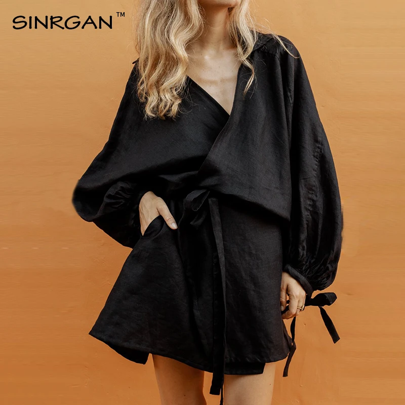 SINRGAN/черное платье с длинным рукавом для женщин; сезон весна-осень; платье в японском стиле; большие размеры; однотонное свободное платье из хлопка и льна