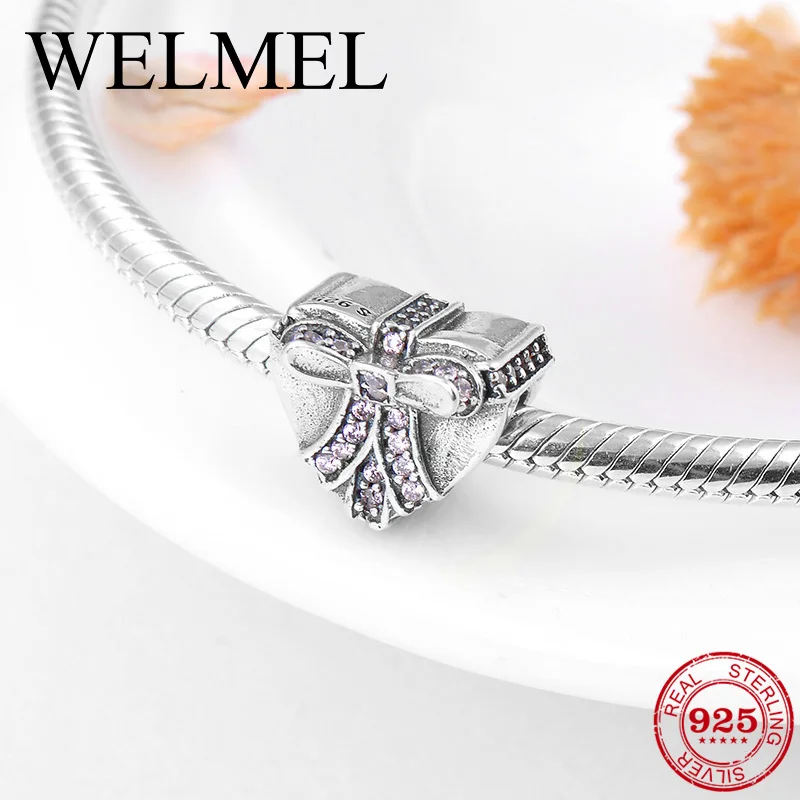 Бабочка галстук бусины в форме сердца 925 серебро коробка женские аксессуары подходят Pandora браслет ювелирные изделия подарок на день Святого Валентина