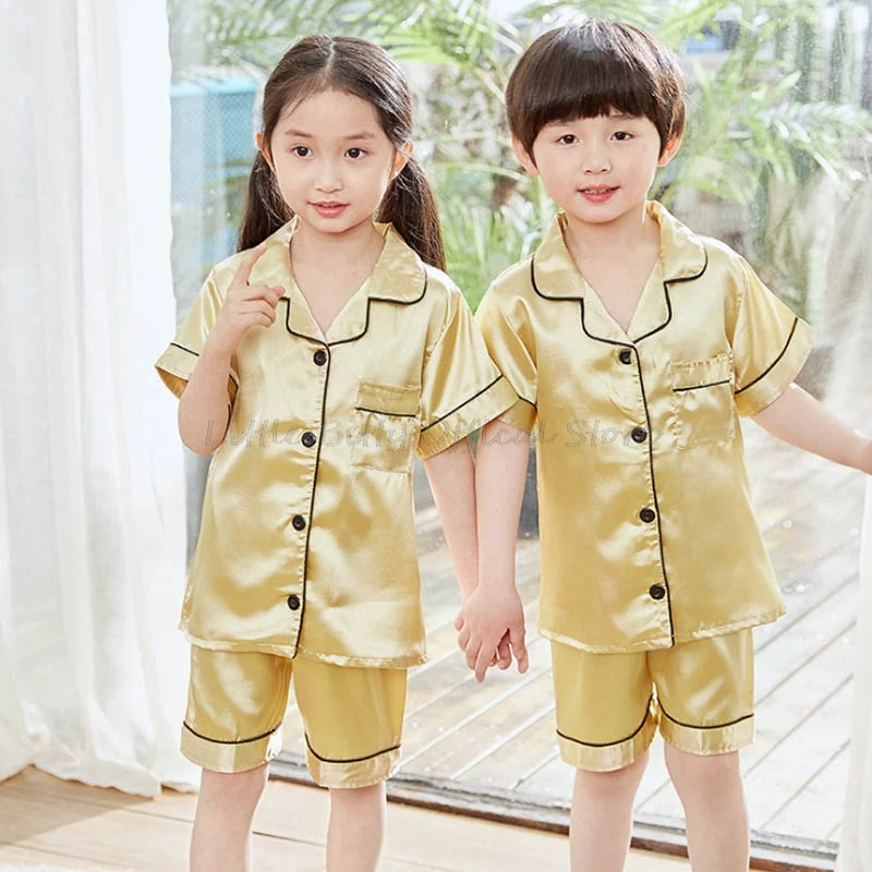 Cotton Pajamas Set Summer Short Sleeve Pink Satin Silk Pajama Sets Toddler Girls Clothing Sets Sleepwear Kids Girl Pijama for 2-14Years