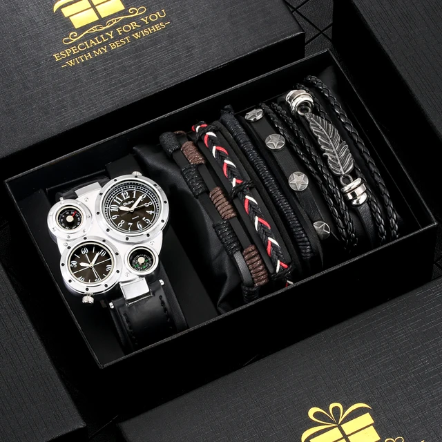 Mens Watches Luxury Black 6PCS Watch Bracelet Set Gift for Men Fashion Business Quartz Wrist Watch for Men Regalos Para Hombre 2