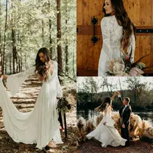 Богемное свадебное платье с длинным рукавом и кружевной аппликацией, v-образный вырез, свадебные платья с коротким шлейфом, богемное ТРАПЕЦИЕВИДНОЕ пляжное свадебное платье