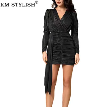 

KM STYLISH New Women's Autumn V-neck Sexy Party Dress Australia 2019 Slim Waist Hip Red Bronze Ruffled One-piece Dress Female