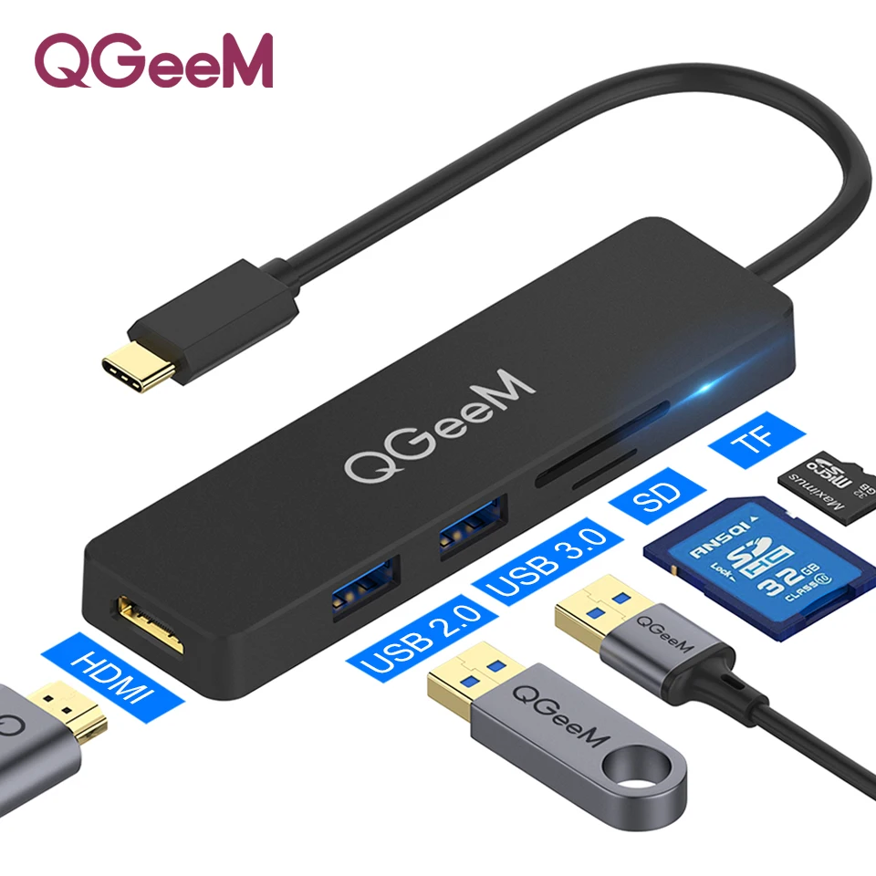 QGeeM USB C концентратор для Macbook Pro type C концентратор для HDMI USB 3,0 TF SD Мульти USB 3,1 концентратор адаптер для iPad Pro OTG Разветвитель USB C док-станция - Цвет: 5 Ports HUB ABS