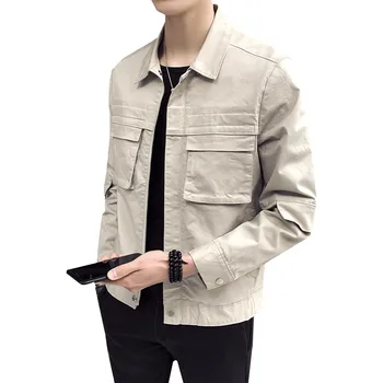 

2019 spring new arrivals Male jacket big pocket decor zipper Long sleeve solid color streetwear men's cotton motorcycle Coats