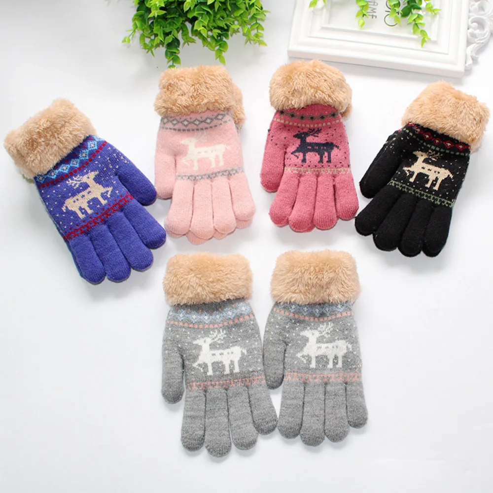 Милые плотные Рождественские теплые перчатки с олененком для маленьких девочек и мальчиков; зимние теплые перчатки для улицы; детские вязаные перчатки; перчатки с длинными пальцами