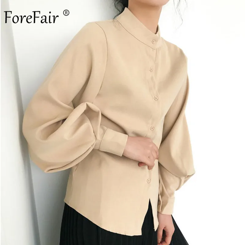 Forefair Водолазка однотонная женская блузка свободная модная Осенняя Корейская стильная повседневная синяя белая женская блузка с рукавами-фонариками