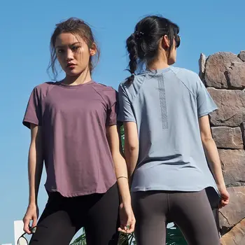 Women s Shirt Yoga Workout Clothes Loose Quick Drying Breathable Short Sleeved O Veck Mesh
