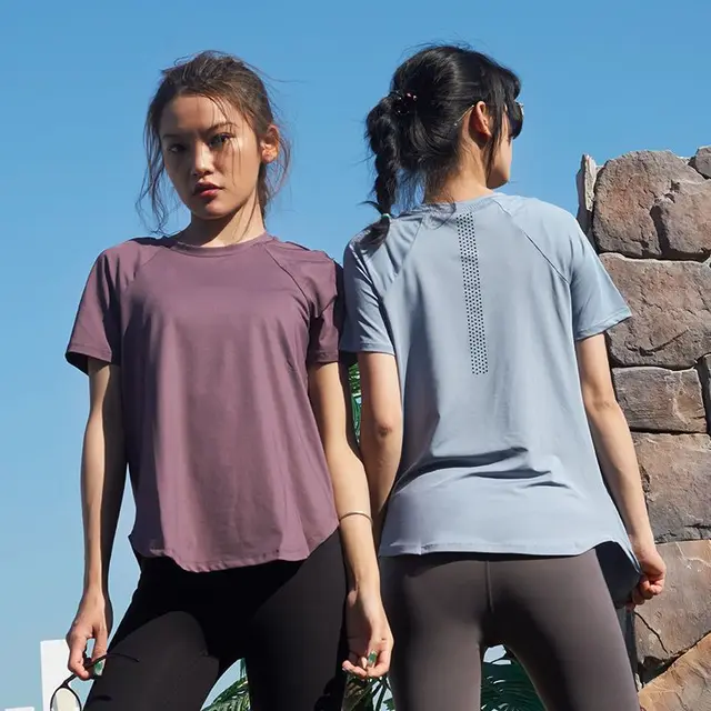 Women s Shirt Yoga Workout Clothes Loose Quick Drying Breathable Short Sleeved O Veck Mesh Blouse