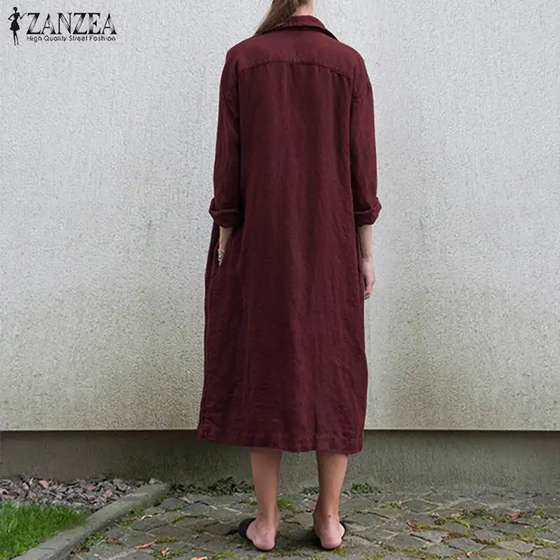 ZANZEA/Винтажные женские длинные куртки с вырезом, Осенний хлопковый льняной кардиган, пальто, Повседневная ветровка с длинными рукавами и пуговицами, верхняя одежда