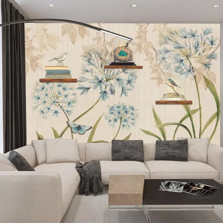

European Style TV Backdrop Wallpaper Pastoral Style Flowers And Birds Minimalist Modern TV Wall Mural Stereo Living Room Bedroom