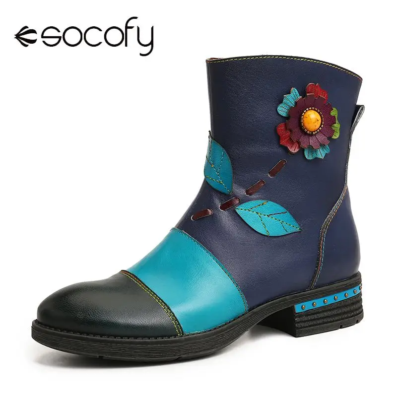 SOCOFY/ботинки в стиле ретро; Botas mujer; удобные женские ботинки из натуральной кожи на молнии с цветочным узором; элегантная женская зимняя обувь