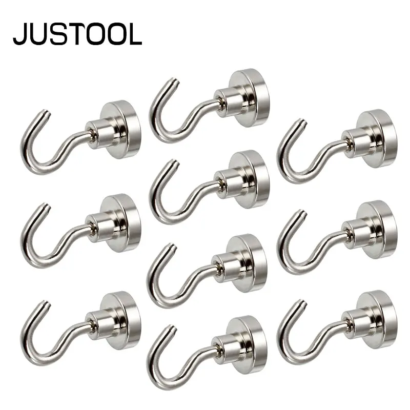 Неодимовые крюк-магнит JUSTOOL, 10/20 шт., диаметр 16 мм, прочные магнитные крючки, сверхпрочные настенные крючки, вешалка для ключей, пальто, чашек