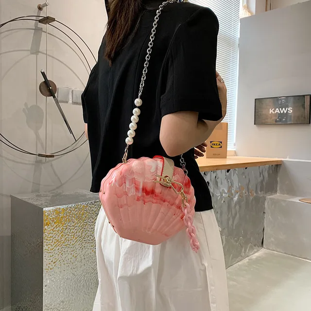 Summer Shell Beach Bags for Women 2021 New Pearl Chain Purses and Handbags Fashion Acrylic Luxury Designer Party Crossbody Bags 3