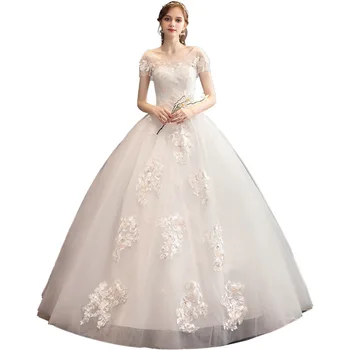 

2019 New O Neck Short Sleeve Simple Wedding Dress Beautiful Flower Beading Tassel Lace Up Bride Gown Floor Length Robe De Mariee