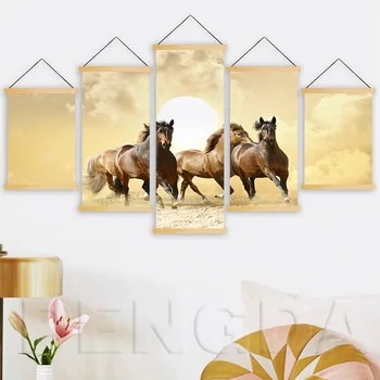 

Canvas Print Home Decoration Wall Artwork 5 Piece Horse Painting Solid Wood Hanging Scroll Animal Picture For Living Room Poster