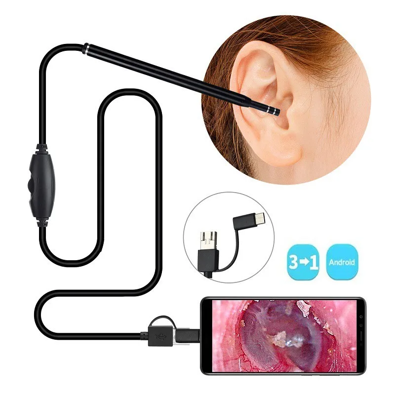Gran venta Cámara endoscópica 3 en 1 impermeable, endoscopio de limpieza de orejas de 5,5mm, 6 luces LED HD, otoscopio Visual para oreja, nariz y boca, recolector de cera para los oídos Cl wxQKMEGjR0J