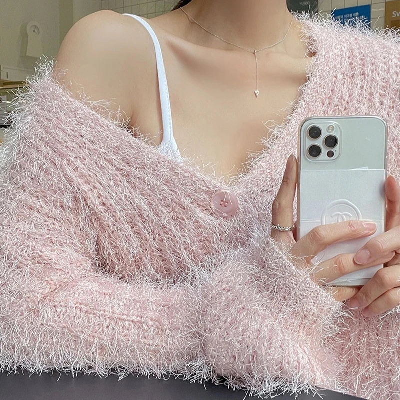 2021 Winter Spring Cardigan Knitted Coat Long Flare Sleeve Short Jacket Women V-neck Mohair Tops Ladies Soft Warm Outwear Female