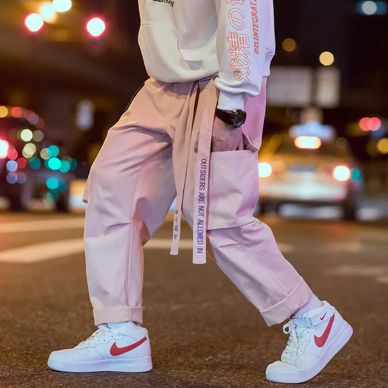 

Men's Streetwear Cargo Pants Multi-pocket Elastic Trousers Oversized Casual Joggers Men Ribbon Letter Embroidery Harem Pants