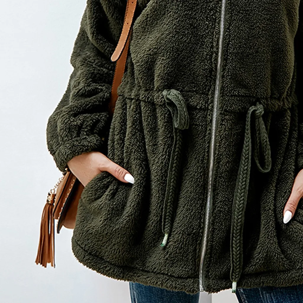 Женское теплое зимнее пальто с капюшоном из плюша, однотонный с кулиской, хлопок, длинный рукав, кардиган, пальто, куртка, элегантная смесь#925