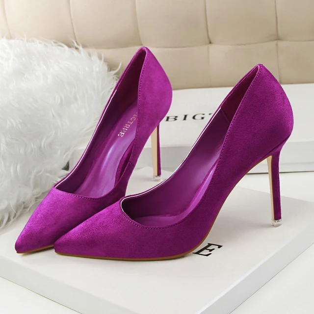 2023 Elegant 10cm High Heels Woman Green Purple Burgundy Pumps Lady Flock  Classic Scarpin Bridal Plus