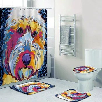 

Pop Art Golden Doodle Shower Curtain Set Portrait of Golden Retriever Dogs Bathroom Curtain Bath Mat Puppy Pet Animal Home Decor