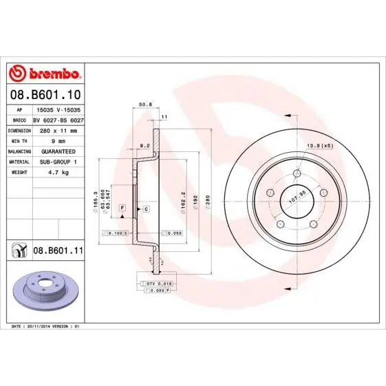 Диск тормозной FORD C-MAX 10-/KUGA 13- задний BREMBO 08.B601.11