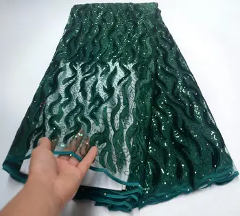 

High Quality Dark green Nigerian Mesh Lace Fabrics 2019 African French Net Lace Fabric With Velvet Embroidered Lace Dress