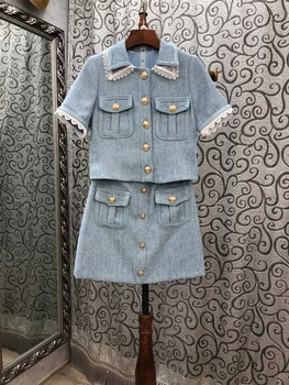 

2020 Early Autumn New Women's Leader Mouth Color Matching Lace Selvage Double Lapel Top + Overskirt Suit 809