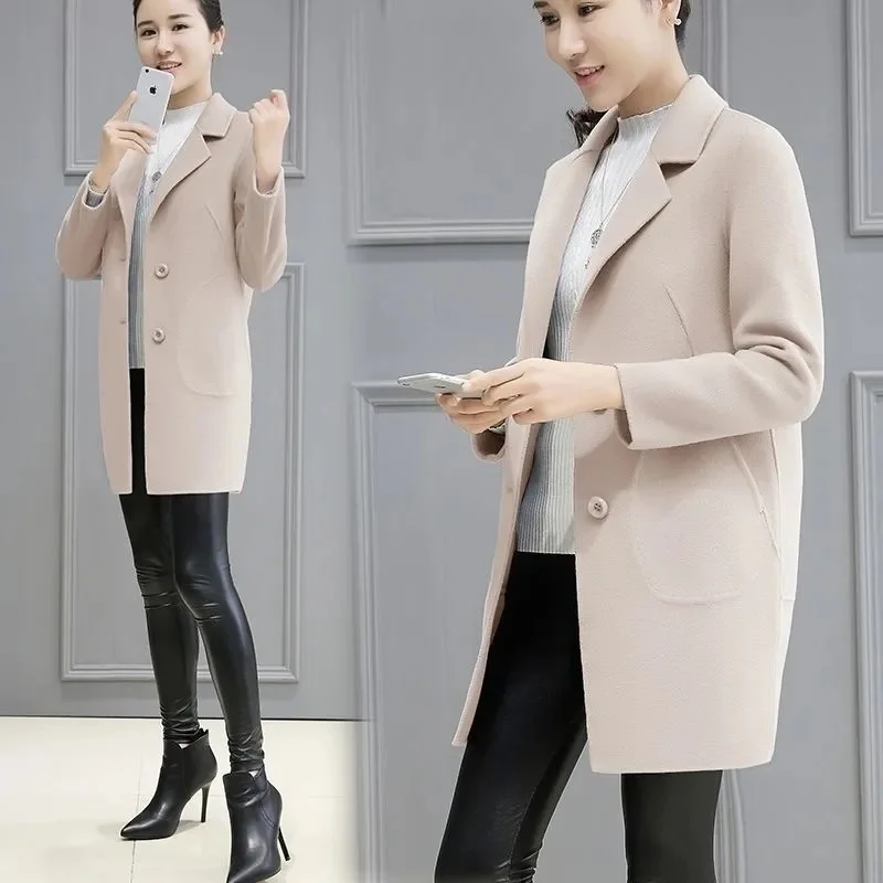 Women‘s Suit Neck Wool Coat 2021 Woman Autumn Winter Mid-Length lining Coat Slim Solid Color Woolen Jacket Female W73