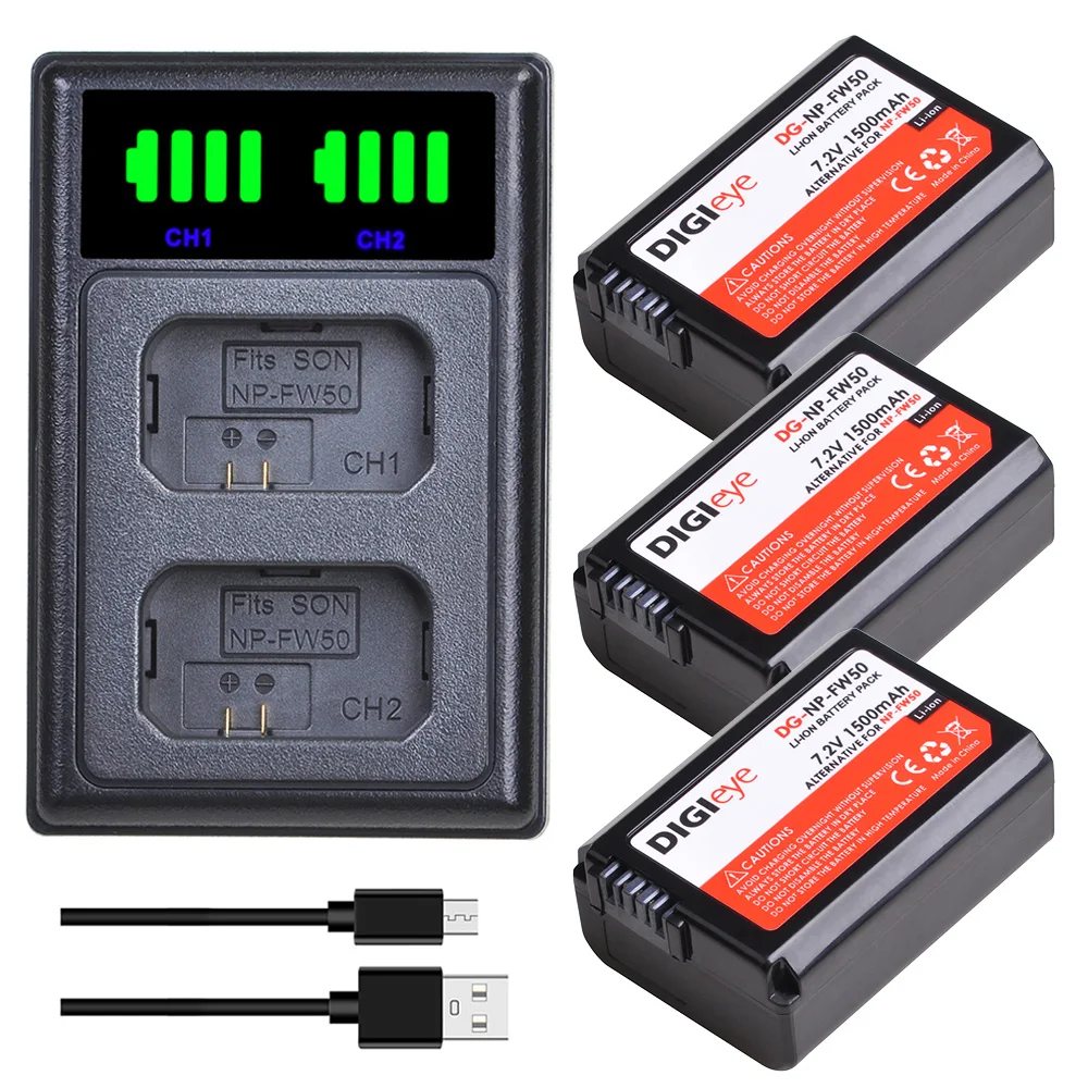 Batteria Per Fotocamera Np-Fw50 + Caricabatterie Led Per Sony Alpha A6500 A6300 A6000 A5000 A3000 Nex-3 A7R