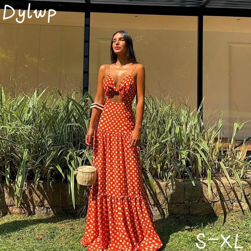 

Women Sexy Sleeveless Spaghetti Strap Dresses 2020 Summer Holiday Long Party Dresses Casual Polka Dot Print Beach Maxi Dress