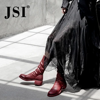 

JSI Women Boots Mid-Calf Zip Round Toe Square Heel Solid Boots Women Genuine Leather Zipper Med Heel Handmade Ladies Shoes jo310