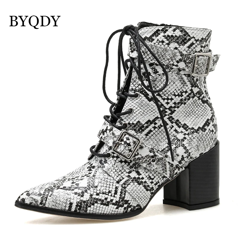BYQDY Snake Print Women High Heel Ankle Boots Pointed Toe Shoes Lace-Up Cover Heels Square Heels Lady Boots Plus Size 42 Zipper