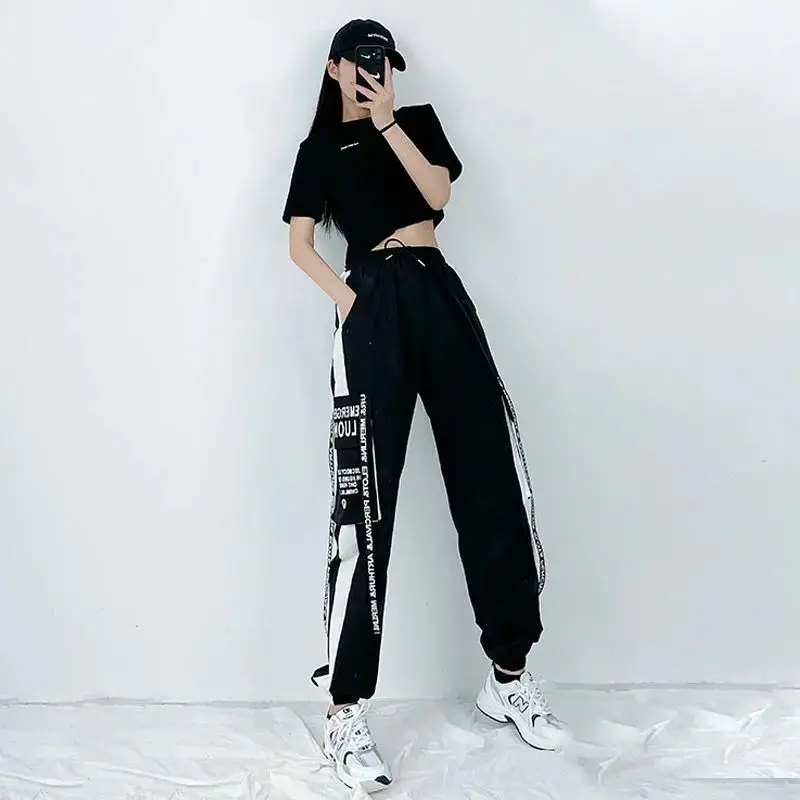 Streetwear Harajuku Ribbon Cargo Pants Women New Korean Style Loose Pants High Waist Straight Trousers Female