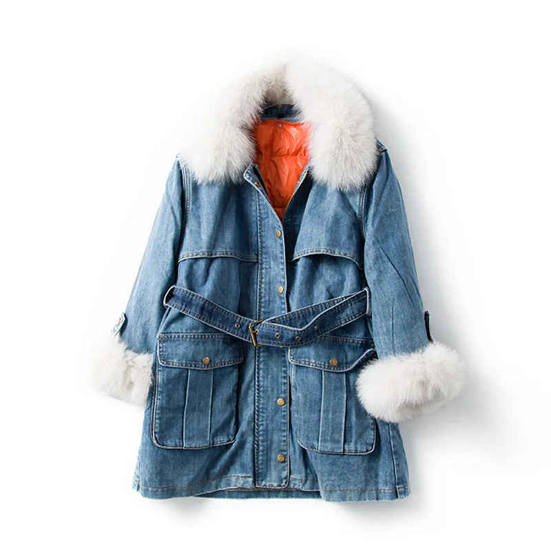 Real Natural Fox Fur Collar New Down Parka Women Winter Jacket Detachable White Duck Down Liner Denim Jacket Warm Coat