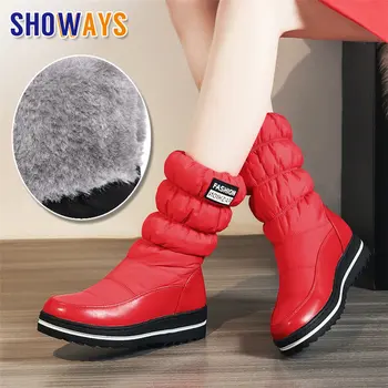 

2021 Big Size Winter Women Snow Boots Black Red Plush Down Waterproof Platform Flat Heels Casual Outdoor Lady Fur Mid-calf Boots
