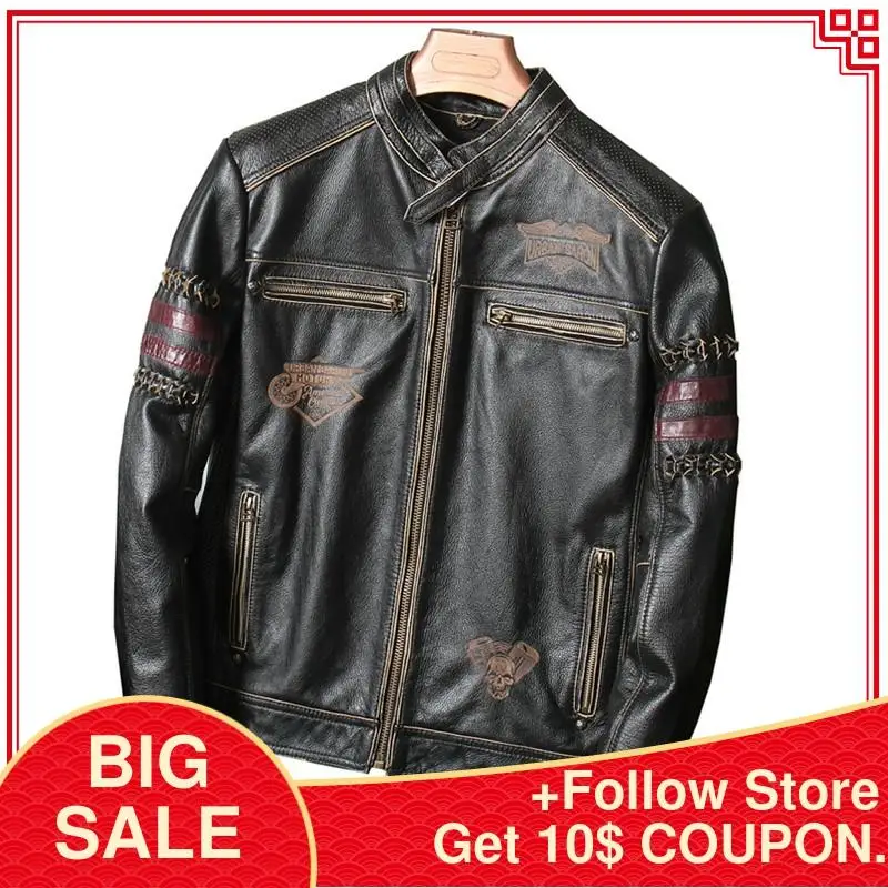 

2020 Vintage Black American Style Biker's Leather Jacket Men Plus Size XXXL Genuine Cowhide Spring Slim Fit Motorcycle Coat