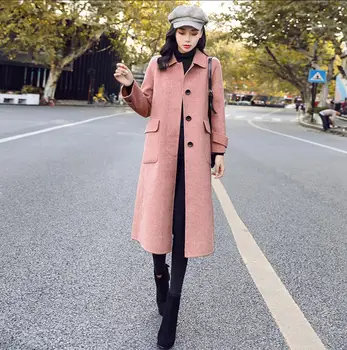 

Women Long woolen Coats 2019 autumn Winter women Turn-down Collar Wool Blend Coat Single Breasted Loose Coats r1679