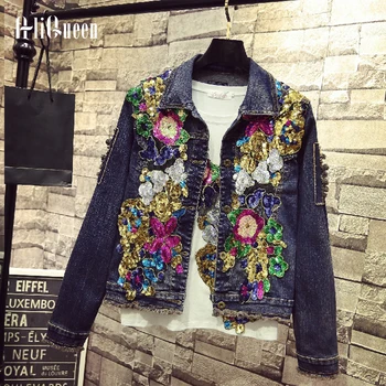 

2019 Autumn Spring Sequins Embroidery Women Denim Coats Female Punk Cool Jeans Jacket Streetwear Cowboy Coat Outwear Plus Size