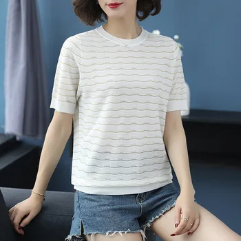

Women's summer hollow wave pattern thin knitted short-sleeved shirt gray