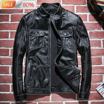 

Genuine Men 100% Cow Leather Coat Spring Autumn Biker Motorcycle Jacket Vintage Cowhide Wp16c534 B23A55